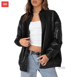 Oversized Faux Leather Motorcycle Jacket Zip Up Sleeve Pocket